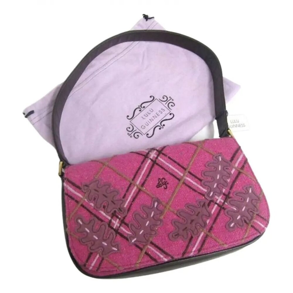 Lulu Guinness Fuchsia Tweed Applique Oak Leaves Maggy Brown Shoulder Bag